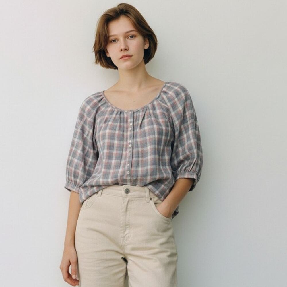 2 S Sandro Paris Plaid Cotton Blouse Flannel Top Puff Balloon Sleeves Designer